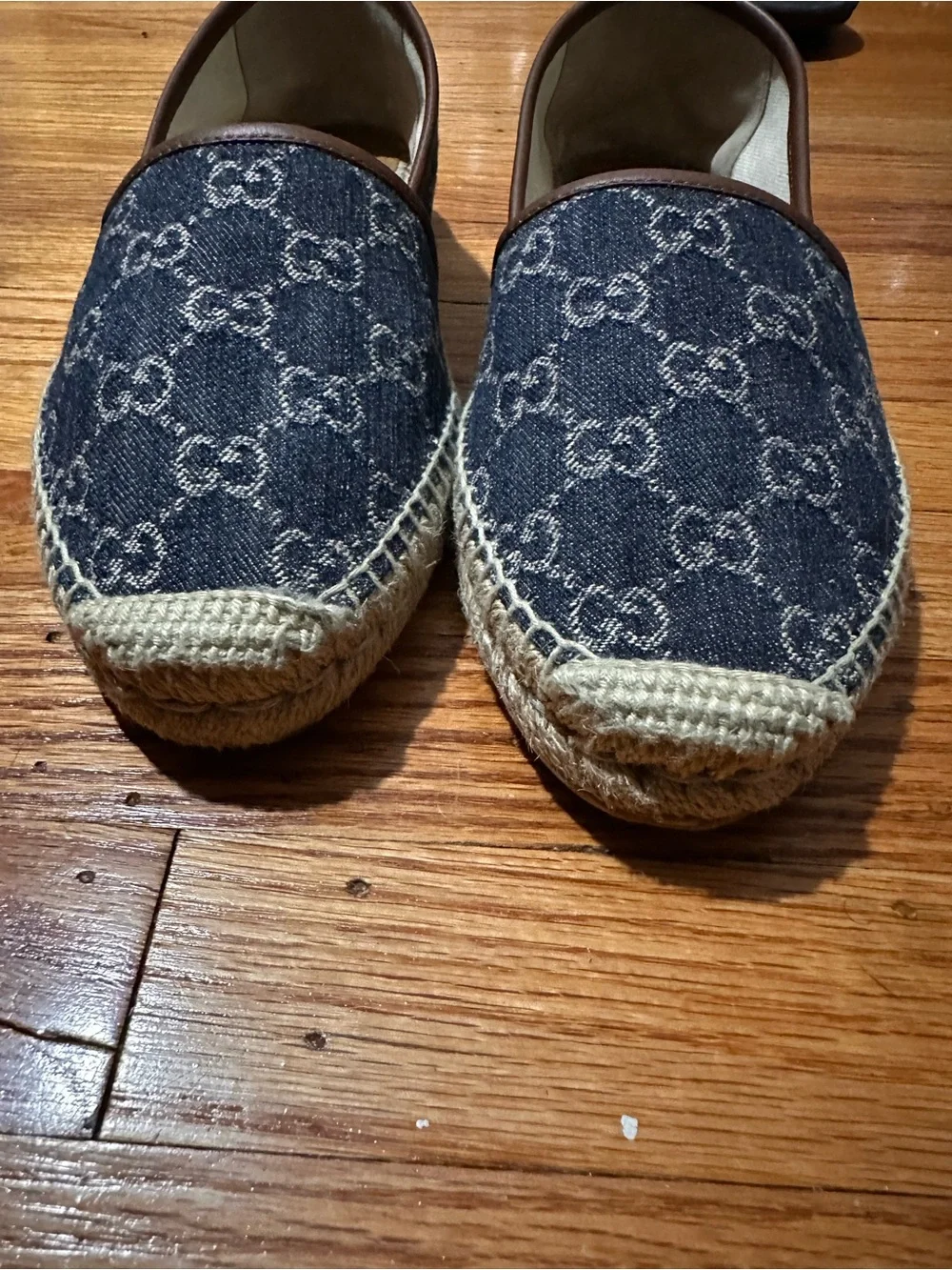 Gucci Blue Denim Monogram Espadrille Loafers with Brown Trim